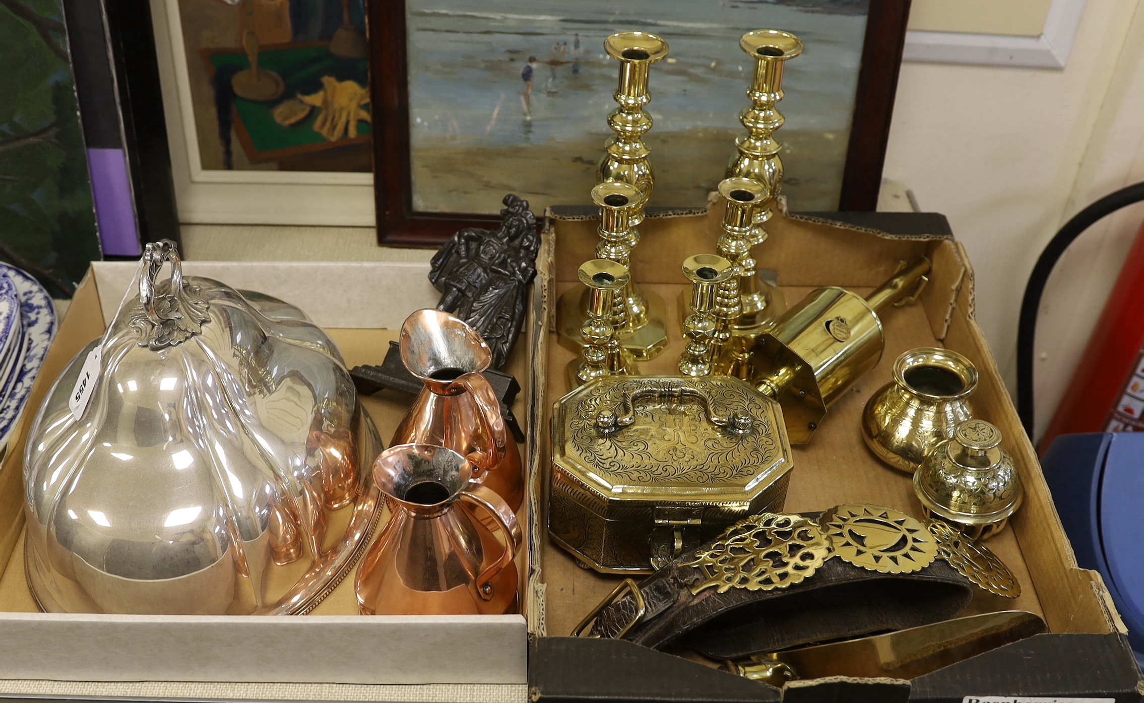 A Regency iron door stop, a brass Jack, a plated meat dome, a pair of copper jugs, etc.